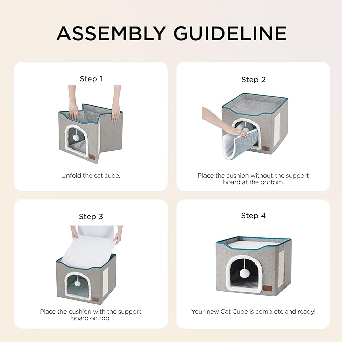 Bedsure Cat Beds for Indoor Cats - Large Cat Cave for Pet Cat House with Fluffy Ball Hanging and Scratch Pad, Foldable Cat Hideaway, 16.5x16.5x13 inches, Grey