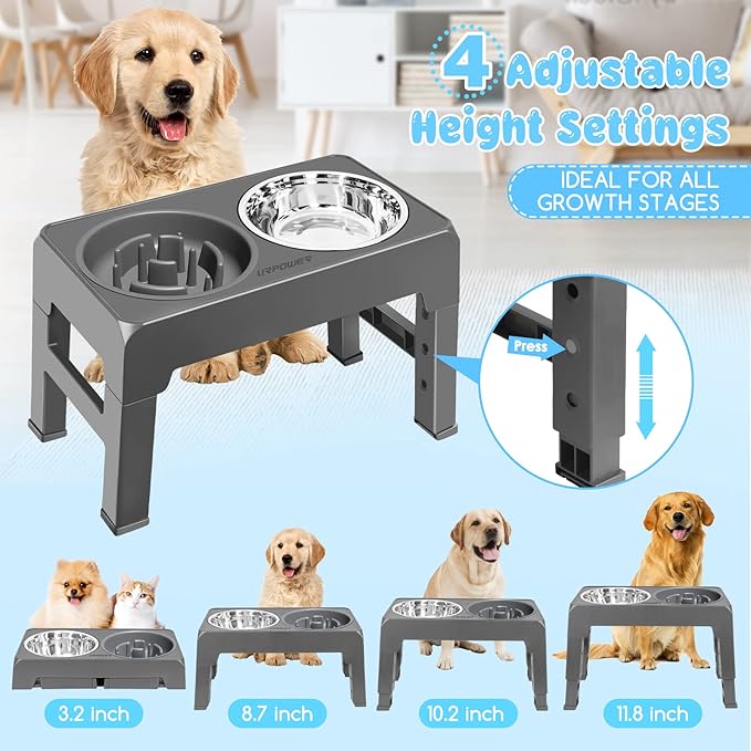 URPOWER Raised Slow Feeder Dog Bowls 4 Height Adjustable Elevated Bowl Stand with Stainless Steel Water Bowl and Slow Feeder Non-Slip Dog Food Bowls Stand for Small Medium Large Dogs and Pets