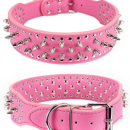 Hoot PU Leather Adjustable Spiked Studded Dog Collar 2" Wide 37 Spikes (M(Neck 19"-22"), Rose Red)