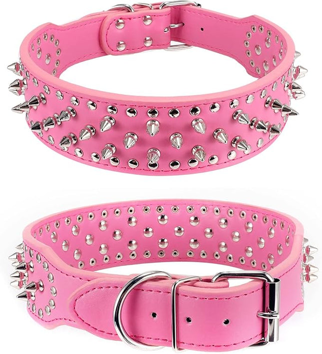 Hoot PU Leather Adjustable Spiked Studded Dog Collar 2" Wide 25 Spikes (XS(Neck 15"-18"), Rose Red)