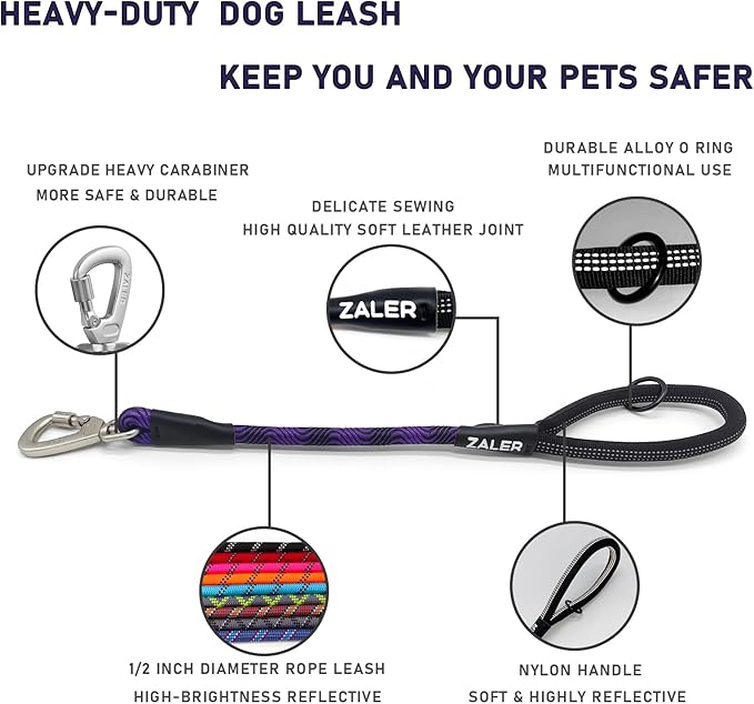ZALER Short Dog Leash, 18 Inches Rope Traffic Leashes for Dogs, Reflective Dog Lead with O-Ring, Heavy Duty Pet Leash for Large and Medium Dogs (18'' Black Purple)