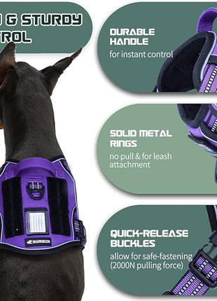 BUMBIN Tactical Dog Harness for Large Dogs No Pull, Famous TIK Tok No Pull Puppy Harness, Fit Smart Reflective Pet Walking Harness for Training, Adjustable Dog Vest Harness with Handle Purple L