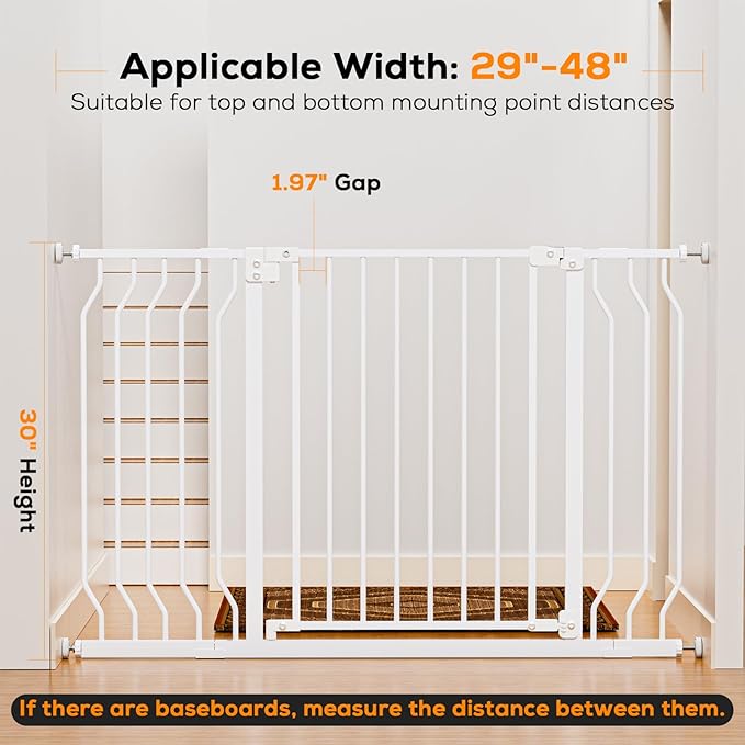 29-48" Baby Gate for Stairs, Baby Safety Essentials, Auto Close Gate for Doorways, Easy Install Pressure Mounted Dog Gate Indoor, Pet Gates for Dogs, White