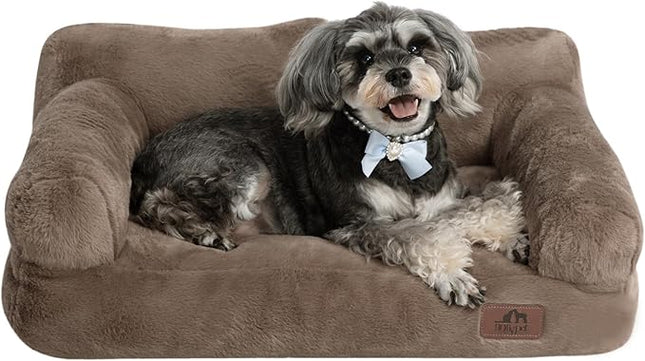Hollypet Fluffy Plush Pet Sofa Soft Calming Pet Sofa Beds for Medium Small Cats and Dogs, Dark Brown