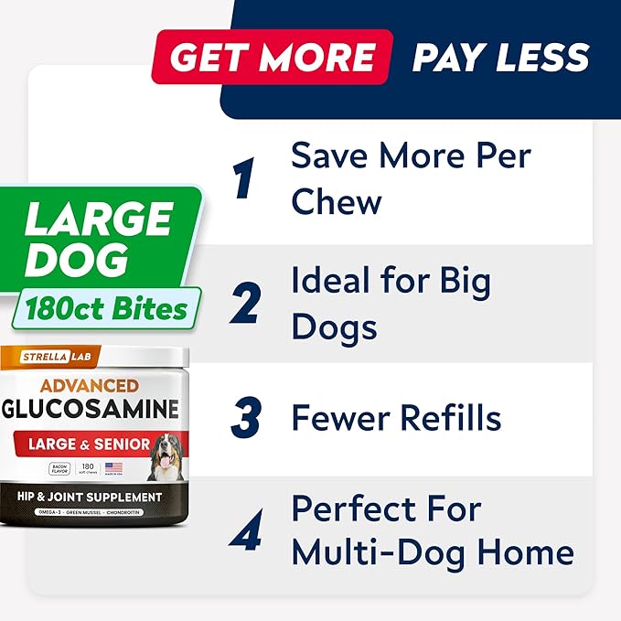 Advanced Glucosamine Chondroitin Joint Supplement for Dogs - Hip & Joint Pain Relief Pills - Green Lipped Mussel & Collagen - Large & Small Breed - Senior Dogs Joint Health - Bacon Flavor - 180ct
