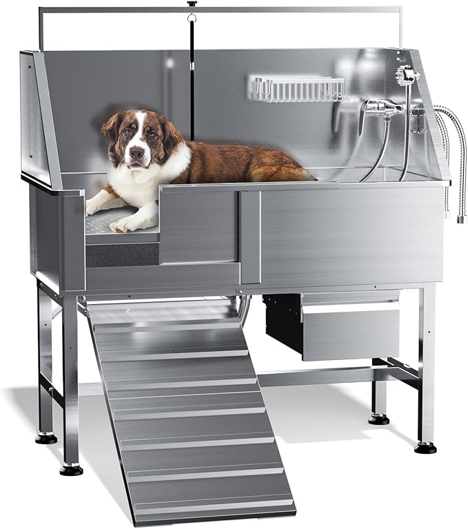 Dog Washing Station for Home,Professional 46" Stainless Steel Dog Bathing Station Height Adjustable Dog Wash Station Dog Grooming Tub Stair, Drawer, Floor Grate & Fauct (Left Ramp)