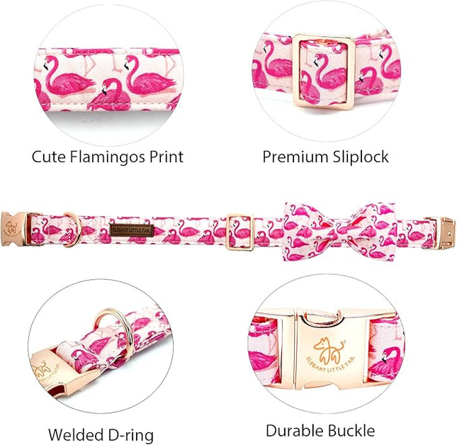 Elegant little tail Dog Collar, Pink Flamingos Dog Collar with Bow Girl Cotton Bowtie Spring Pet Collars Gift Adjustable Pet Collars for X-Small Dogs