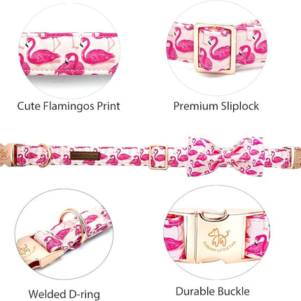 Elegant little tail Dog Collar, Pink Flamingos Dog Collar with Bow Girl Cotton Bowtie Spring Pet Collars Gift Adjustable Pet Collars for X-Large Dogs