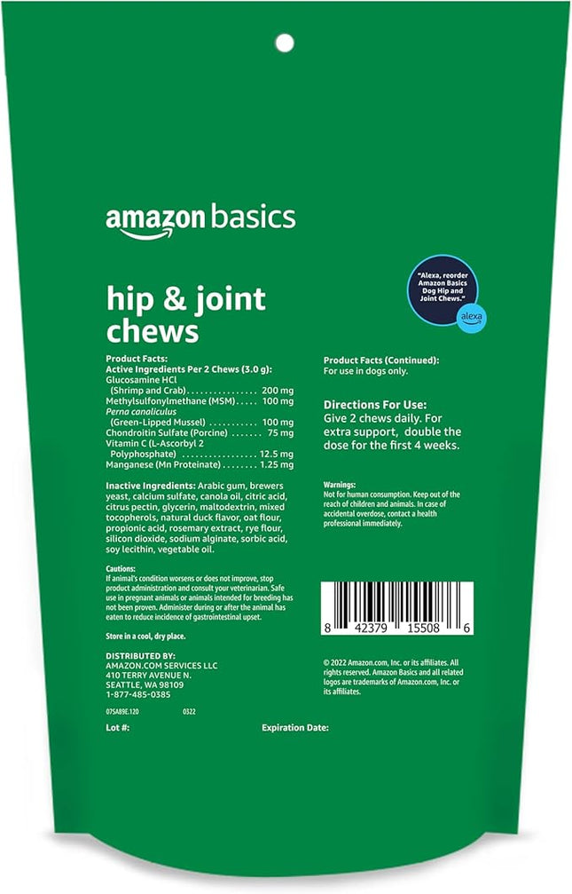 Amazon Basics Dog Hip & Joint Daily Supplement Chews with Glucosamine, MSM, and Vitamin C, Duck Flavored, 120 Count (Previously Solimo)