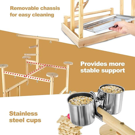 Bird Playground - Natural Wood Parrot Playstand with Perches, Bird Play Gym & Accessories, Removable Tray & 4 Stainless Steel Cups