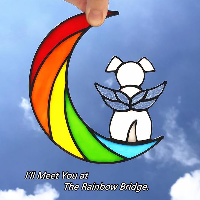 Stained Glass Rainbow Bridge White Dog Memorial Gifts for Loss of Dog Sympathy Remembrance Suncatcher, Thoughtful Pet Loss Bereavement Gifts in Memory of Pet Passing Away Window Hanging.