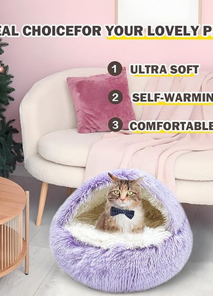 Cat Bed for Indoor Cats, Calming Cozy Cave with Self-Warming Plush, Entire Bed Machine Washable & Anti-Slip Base, Breathable Pet Bed for Small Cats&Dogs All Seasons (Purple, 24 * 24inch)
