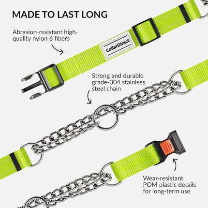 CollarDirect Martingale Dog Collar with Stainless Steel Chain and Quick Release Buckle - Reflective Collar for Large, Medium, Small Dogs - Lime Green, Large (Neck Size 17"-22")