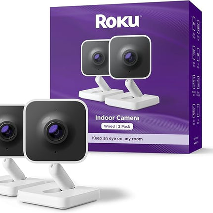 Roku Indoor Camera - Home Security - 2-Pack - Wired Security Camera & Pet Monitor with 1080p HD Color Night Vision, Works with Alexa & Google, Motion & Sound Detection, WDR & WiFi 6