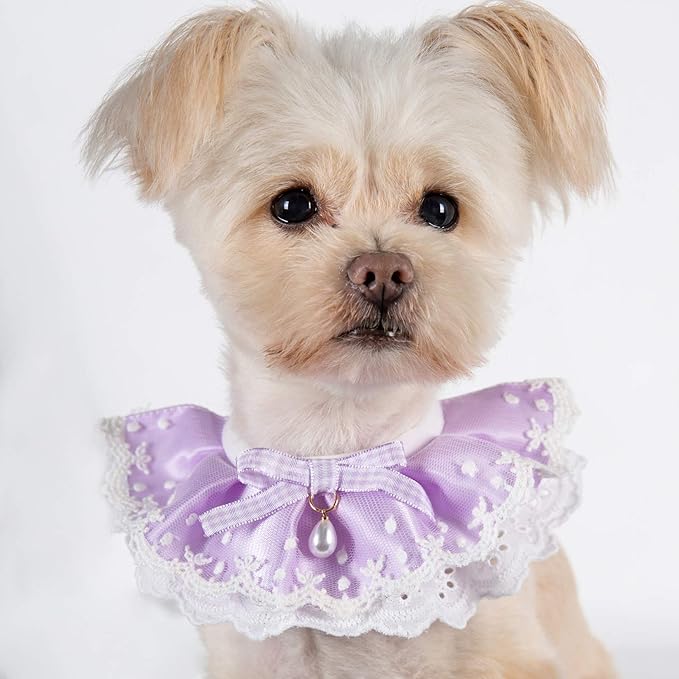 2PCS Dog Cat Collar Water Drop Pearl Bow Lace Pet Bib Cute Scarfs Necklace Neck Strap for Pet Costume Supplies Purple XS