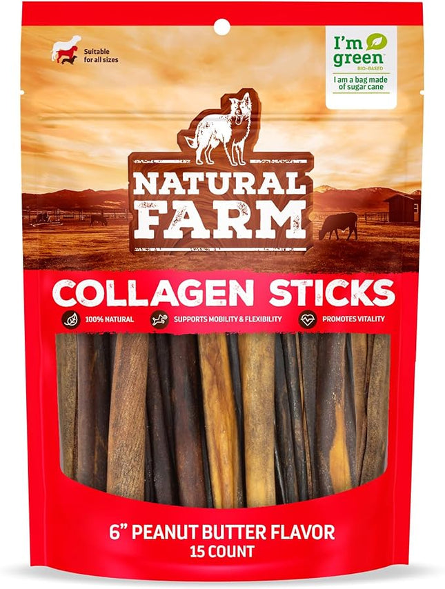 Natural Farm Peanut Butter Flavor Collagen Sticks for Dogs (6 Inch, 15 Pack), Long-Lasting Beef Collagen Sticks, Rawhide Alternative Chews with Chondroitin & Glucosamine, Low-Fat Dental Treats