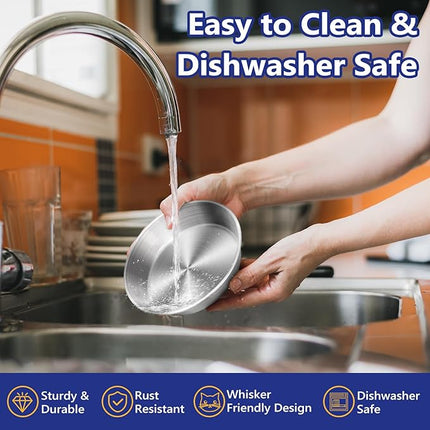 6-Pack Stainless Steel Cat Food Bowls, Shallow Whisker-Friendly Non-Slip Silicone Base Metal Dishes, Easy to Clean Indoor Water Flat Plates for Cat, Kitten, Small Dog (5.9")