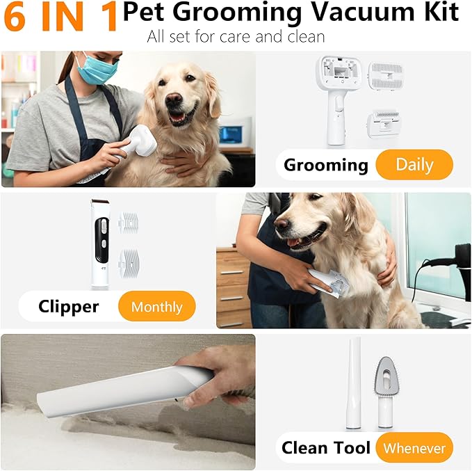 FOTING 6 in 1 Dog Grooming Vacuum & Dryer Kit, 2.1L Double Dust Cup Separator Design, Dogs Vacuums for Shedding Grooming, 10000pa Pet Grooming Vacuum for Dogs at Home