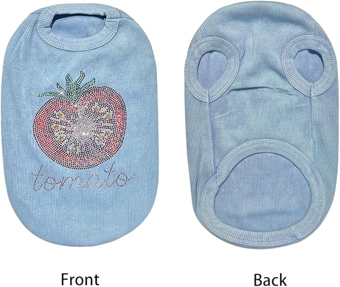 Washed Cotton Pet Vest with Rhinestone Fruit Designs, Soft & Stylish Small Dog Cat Vest for Spring Summer, Breathable & Shiny (Blue-Tomato, Medium)
