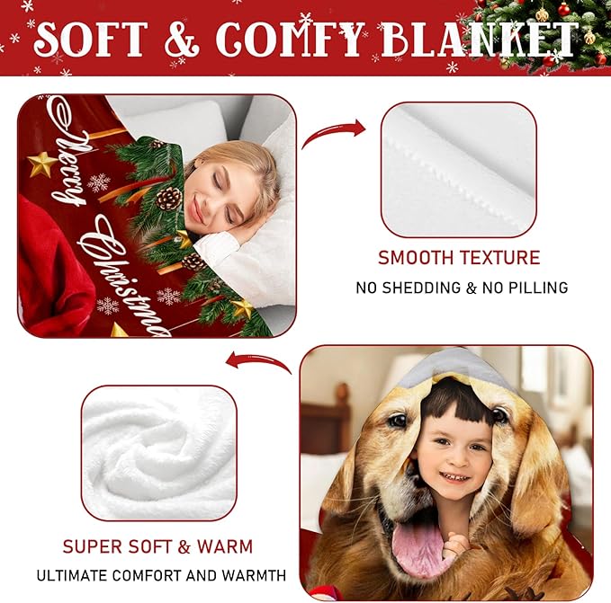 Personalized Christmas Pet Blanket, Custom Dog Portrait Blanket with Photo Name, Customized Throw Blanket for Dog Lovers, for Pet Lovers, Xmas Throw Blanket, Pet Memorial Gifts