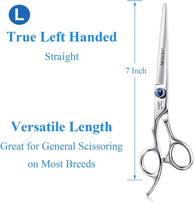 JASON Left Handed 7" Straight Dog Grooming Scissors, Premium Cats Grooming Shears Pets Trimming Kit with Offset Handle and a Jewelled Screw, Sharp, Comfortable