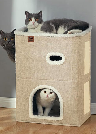 CATBOAT 2-Storey Cat House for Indoor Cats Bed, Covered Beds & Furniture with Scratch Pad and Hideaway Cave, Cute Modern Condo for Multi Small Pet Large Kitten Kitty, Brown