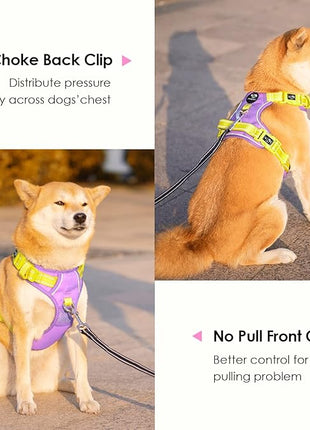 PHOEPET No Pull Dog Harness, Unique Colors Reflective Adjustable Dog Vest, with Soft Training Handle Metal Clips for Small Medium Large Dogs (Baby Purple Base & Yellow Straps,M)