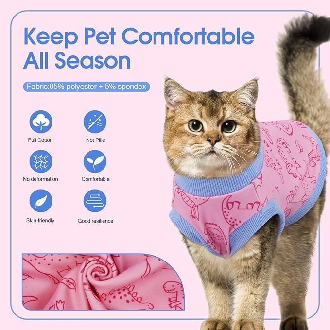 Sphynx Hairless Cat Clothes with Dinosaur Print, Pullover Kitten T-Shirts Vest, Sleeveless Bodysuit Cat Pajamas Jumpsuit, Breathable Daily Wear Clothes for Cats