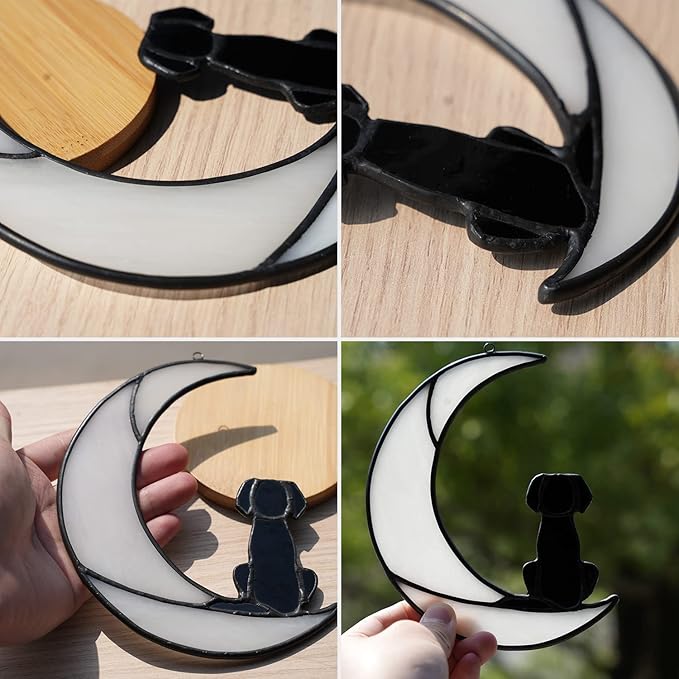 BOXCASA Dog Memorial Gifts for Dog Lovers,Dog on Moon Stained Glass Window Hanging for Suncatcher,Loss of Dog Sympathy Gift for Dog Lovers, Pet Memorial Sympathy Gifts