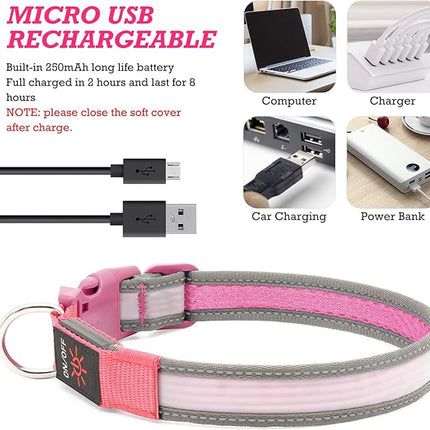 Light up Dog Collars- USB Rechargeable LED Dog Collar, Full Illuminated and Adjustable Dog Collar Light, Three Colors and Three Sizes for Small, Medium, Large Dogs (Medium, Pink-2)