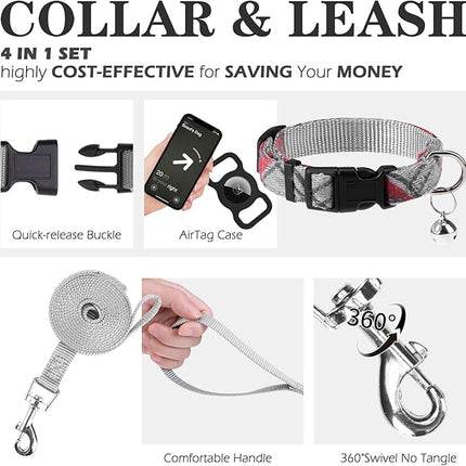 EXPAWLORER Classic Plaid Puppy Harness - Small Dog Harness and Leash Set - Dog Collar and Leash Set with AirTag Holder, Soft Padded Step in Dog Vest Harness No Pull Reflective for Outdoor, Grey XXS