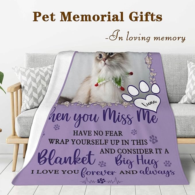 Custom Pet Memorial Blanket with Photo,Personalized Dog/Cat Loss Sympathy Gift,Pet Loss Bereavement Remembrance Gifts,Flannel Throw Blanket with Pictures (Purple)