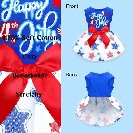 Happy 4th of July Dog Outfit Patriotic Dog Tulle Dress with Red Bowknot Independent Day Dogs Pet Doggie Apparel Clothes for Small Dogs Puppy Cats Girl