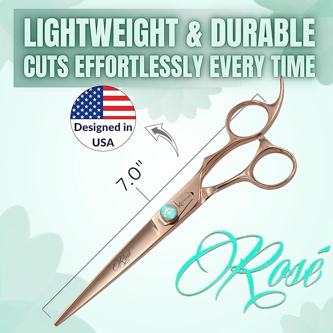 Kenchii Rose Dog Grooming Scissors, 7 Inch Straight Shears, Dog Scissors for Grooming, Ergonomic Design for Comfort and Precision, Heavy Duty, Durable and Sharp