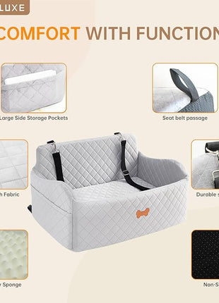 Car Seat for Large Size Dog, Booster Seat for Dogs Under 55 lbs or 2 Small Dogs, Soft Car Dog Bed Filling in Thick Memory Foam with 2 Safety Leashes and Storage Pocket (Grey)
