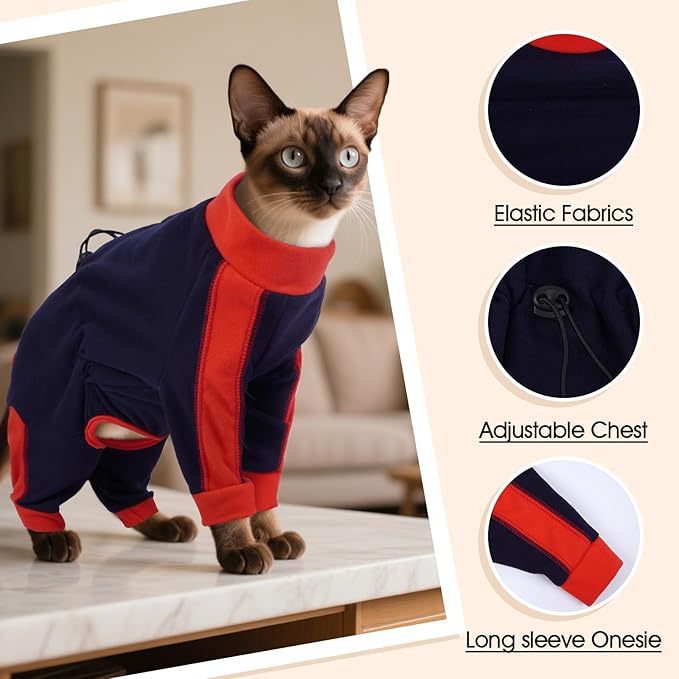 DENTRUN Cat Clothes with Anti-Shedding Fabric - Soft Recovery Suit & Breathable Lint-Resistant Cat Sweater for Wound Care & Hair Control, Kitten Onesie Pajamas, XXL, Dark Blue