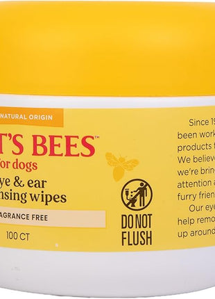 Burt's Bees for Pets Eye & Ear Cleansing Wipes for Dogs, Fragrance-Free, 98% Natural Origin Formulas, Gentle Spot Cleaning Sheets for Dog Eyes and Ears, 100 Count