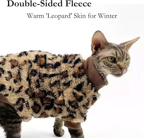Cat Leopard Double-Sided Fleece Pullover, Soft Warm Clothes for Hairless Sphynx, Devon & All Indoor Kittens in Winter (Leopard,S)