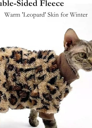Cat Leopard Double-Sided Fleece Pullover, Soft Warm Clothes for Hairless Sphynx, Devon & All Indoor Kittens in Winter (Leopard,L)