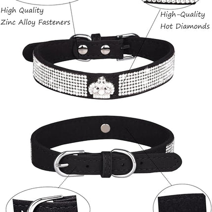 Dog Collar for Small Dogs, Adjustable Leather Suede Bling Dog Collars，Pink Dog Collar Cat Collar, Rhinestone Dog Collar (S, black3)