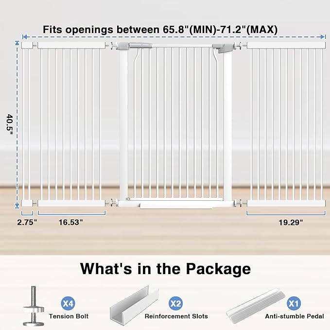 40.55" Extra Tall Baby Gate for Stairs-65.8"-71.2" Wide 1.37" Ultra Narrow Spacing Extra Wide Pet Cat Gate Dog Gate-Auto-Close Pressure Mounted Dog Door for Pets and Kids,White