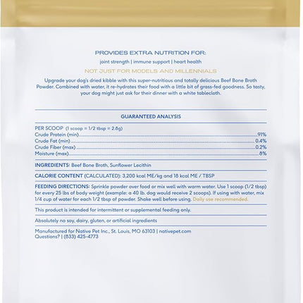 Native Pet Bone Broth for Dogs and Cats - Made with Real Beef Bone Broth, Dog Food Toppers for Picky Eaters- Provides Extra Hydration & Nutrition for Joint Strength, Immunity & Heart Health-192 Scoops