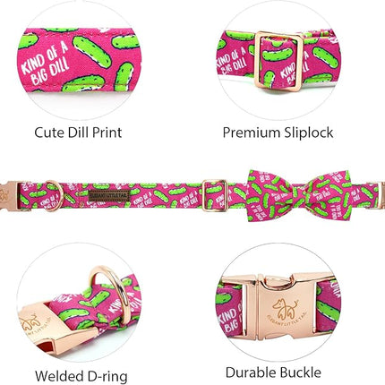 Elegant little tail Dog Collar, Dill Pickles Print Pet Collars with Bow Soft Cutton Boy Puppy Gift Adjustable Pink Bowtie Dog Collar for X-Small Puppy