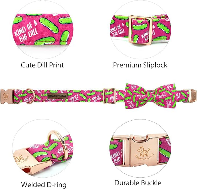 Elegant little tail Dog Collar, Dill Pickles Print Pet Collars with Bow Soft Cutton Boy Puppy Gift Adjustable Pink Bowtie Dog Collar for X-Large Dogs