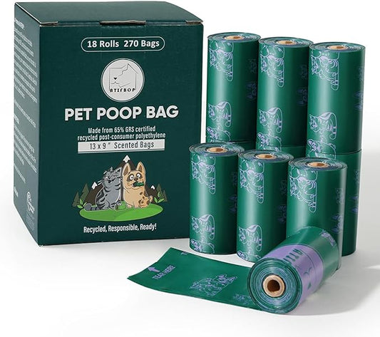 Dog Poop Bags Rolls, Extra Thick and Leak-proof Poop Bag for Dogs, 270 Bags 18 Refill Rolls, Scented Waste Bag for Dog and Cat, Made form 65% Recycled Plastics