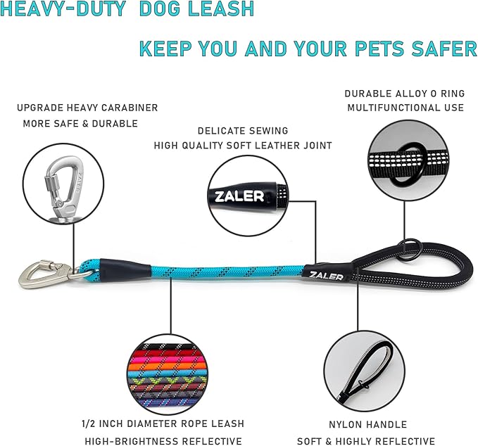 ZALER Short Dog Leash, 26 Inches Rope Traffic Leashes for Dogs, Reflective Dog Lead with O-Ring, Heavy Duty Pet Leash for Large and Medium Dogs (26'' Blue)