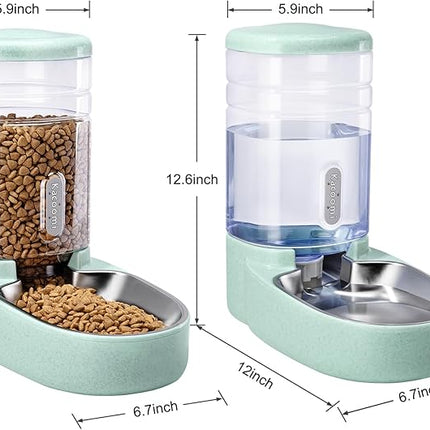 Automatic Cat Feeder and Water Dispenser with Stainless Steel Bowl Gravity Food Feeder and Waterer Set for Small Medium Dog Puppy Kitten 1 Gallon x 2(Green)