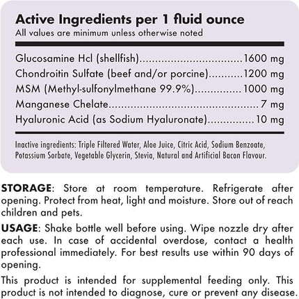 Liquid Glucosamine for Dogs Bacon Flavour Chondroitin, MSM & Hyaluronic Acid K9 Supplement Hip and Joint Formula Advanced Mobility Joint Pain Relief Senior Advanced Supplement for All Breeds 32 oz