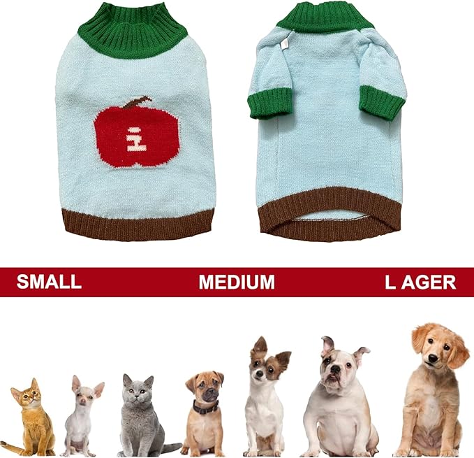 Fall/Winter Dog & Cat Sweater - Cozy Knit Pullover for Small Pets, Light Blue with Red Apple Print, Warm & Breathable for Indoors/Outdoors, Anti-Shedding, Soft Yarn (XS/S/M/L/XL) (X-Large)