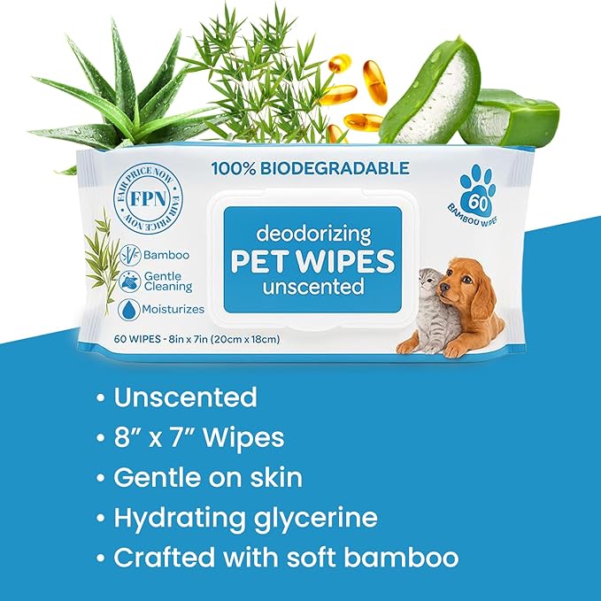 FPN Pet Wipes 240 Pcs – Unscented Bamboo Grooming Wipes for Dogs & Cats Cleaning – No Alcohol or No Harsh Chemicals – Soft – 7x8 in 60 x 4